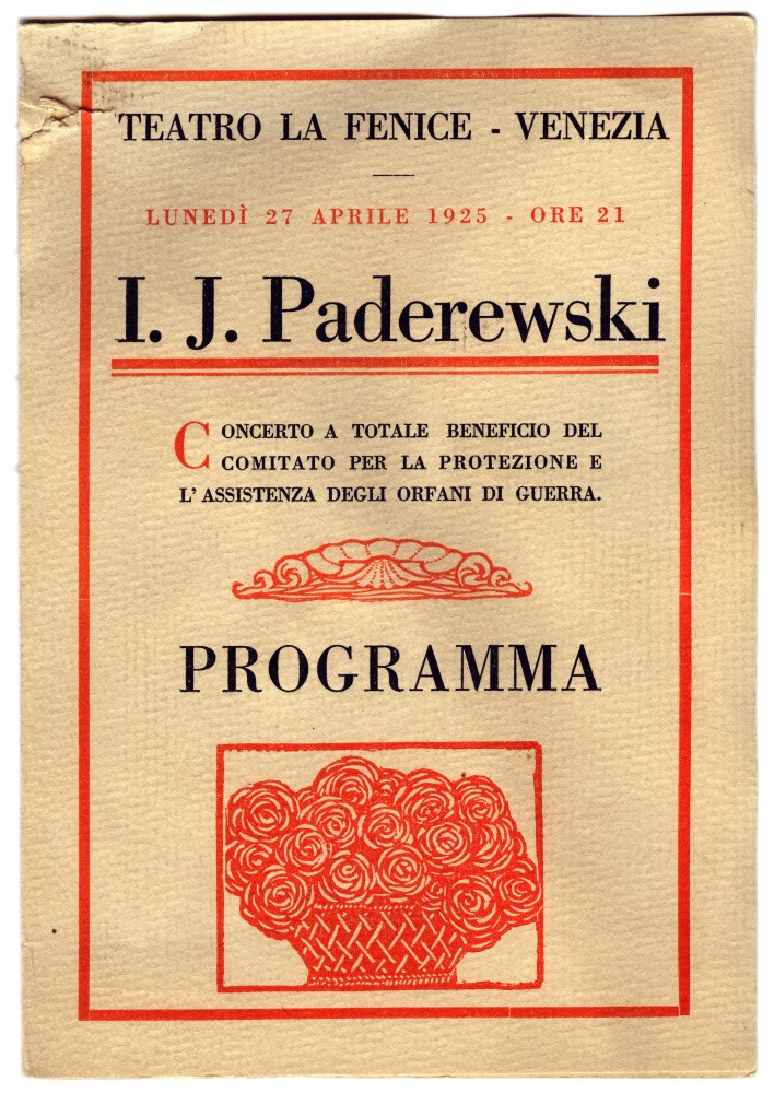 Programme du récital Chopin donné par Paderewski le 27 avril 1925 au Teatro La Fenice de Venise au bénéfice du Comité de protection et d'assistance aux orphelins de guerre
