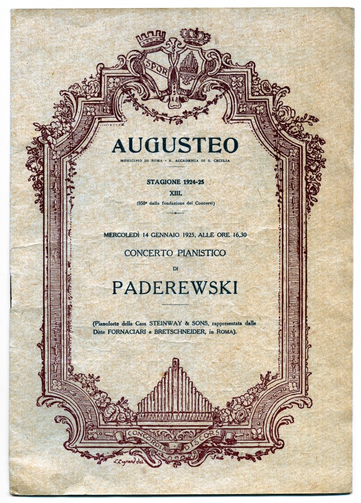 Programme du récital donné par Paderewski le 14 janvier 1925 au Théâtre Augusteo de l'Académie nationale Sainte-Cécile de Rome