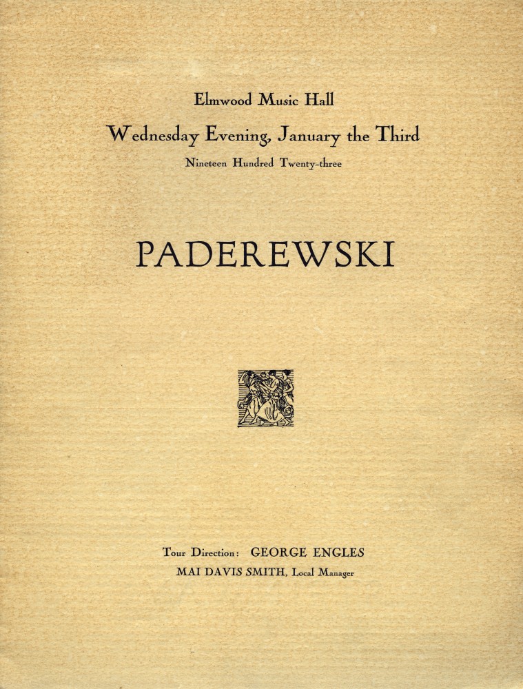 Couverture du programme du récital donné par Paderewski le 3 janvier 1923 à l'Elmwood Music Hall de Buffalo (NY)