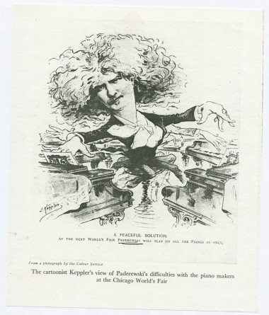 Reproduction d'une caricature de Joseph Keppler représentant Paderewski au milieu d'une forêt de pianos avec cette légende: «A peaceful solution – at the next World's Fair Paderewski will play on all the pianos at once»