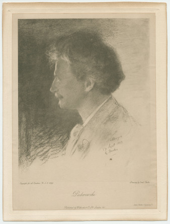 Reproduction de qualité du dessin de profil de Paderewski réalisé le 27 septembre 1899 à Riond-Bosson par Emil Fuchs, publiée la même année par Willcocks & Co. Ltd à Londres