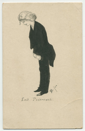 Carte postale avec dessin original à la plume réalisé en 1904 par une jeune artiste australienne, B. Bridgstocke, en marge de la tournée océanique de Paderewski