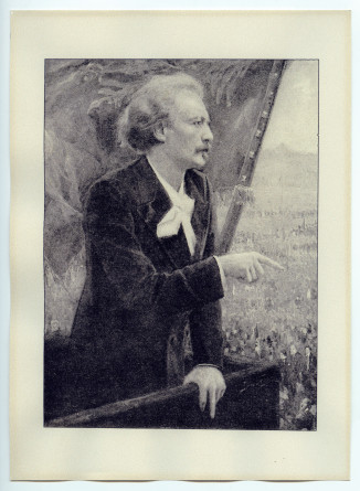 Reproduction noir-blanc de la peinture de Jan Styka représentant Paderewski (sur un balcon) s'adressant à la foule à Cracovie