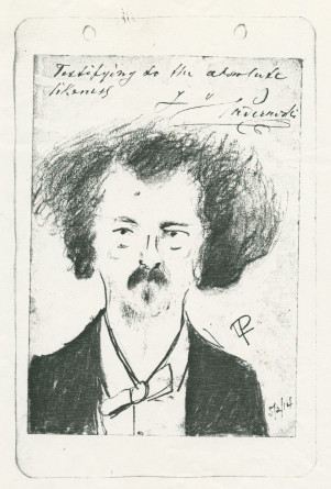 Reproduction d'une caricature d'auteur non identifié réalisée le 2 mai 1914 avec ce commentaire signé de Paderewski: «Testifiying to the absolute likeness» [ressemblance absolue certifiée]