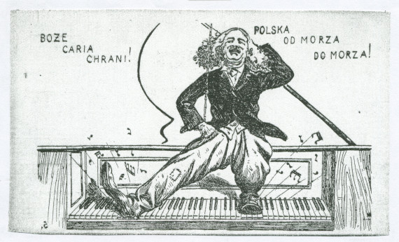 Reproduction d'un dessin satirique d'auteur non identifié réalisé en Pologne vers 1917 représentant Paderewski en Charlot, dans le contexte de sa participation au Comité national polonais à Paris