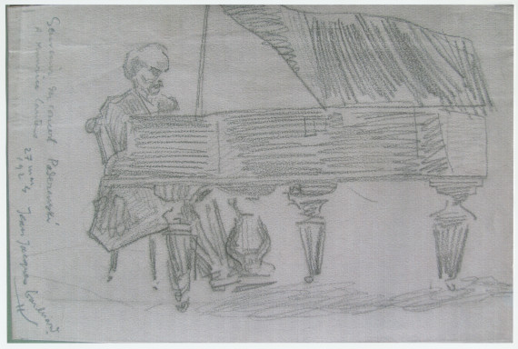 Reproduction du dessin réalisé le 27 mai 1925 (ou 1924) par Jean-Jacques G[?] en «souvenir du concert Paderewski», dédié «à Maurice C[?]»
