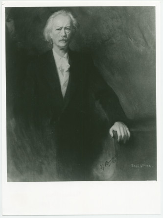 Reproduction noir-blanc d'un portrait peint de Paderewski réalisé à New York en 1930 par Tade[usz] Styka (fils de Jan), avec signature de Paderewski