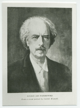 Reproduction noir-blanc (avec légende) du portrait de Paderewski réalisé en 1932 ou 1933 par Casimir Klepacki