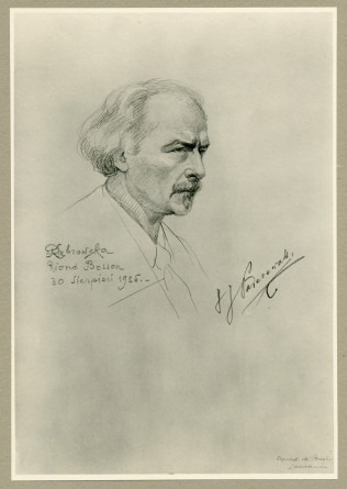 Dessin (fusain?) de Paderewski (de profil) réalisé par J. Dabrowska, le 29 août 1935 à Riond-Bosson