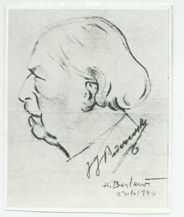 Reproduction d'un dessin de Paderewski (de profil gauche) réalisé le 23 janvier 1940 par H. Berlew, avec signature de Paderewski