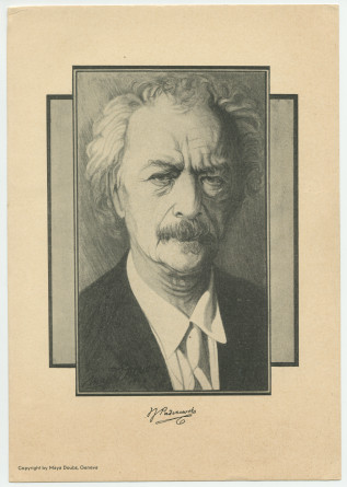 Reproduction d'un dessin de Paderewski réalisé en 1940 à Genève par Maya Doubs, avec légende et signature de Paderewski, imprimé par l'auteure