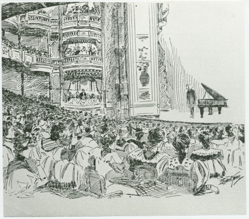 Reproduction d'une caricature d'auteur non identifié parue dans «The Colorado Magazine» en 1977 représentant Paderewski en concert au Broadway Theatre de Denver