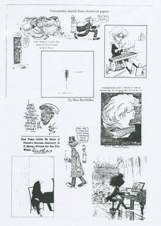 Reproduction de diverses caricatures de Paderewski issues principalement de journaux américains, reproduites en 1982 dans la biographie d'Adam Zamoyski (Atheneum)