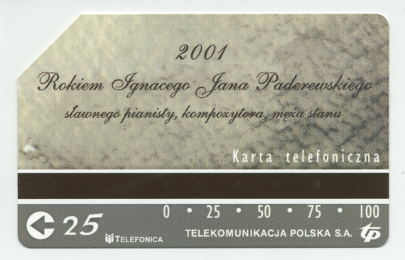 Carte téléphonique polonaise avec portrait (d'auteur non identifié) signé réalisée en 2001 à l'occasion de l'année Paderewski