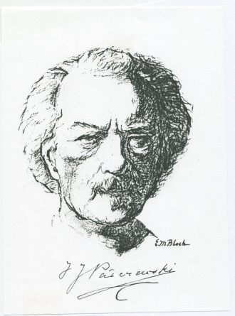 Reproduction d'un dessin de Paderewski (de face) réalisé par l'artiste américain E. Maurice Bloch, avec signature de Paderewski – accompagné d'un texte de présentation tiré d'un catalogue de vente aux enchères de «The E. Maurice Bloch Collection»