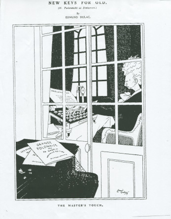 Reproduction de la caricature de «Paderewski as Statesman» [comme homme d'Etat] réalisée par l'illustrateur français Edmond Dulac, avec comme titre: «New keys for old» [de nouvelles touches pour le vieux]