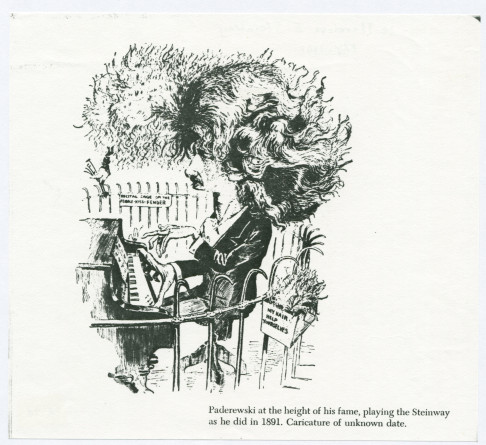 Reproduction d'une caricature d'auteur non identifié représentant Paderewski «at the height of his fame, playing the Steinway as he did in 1891»