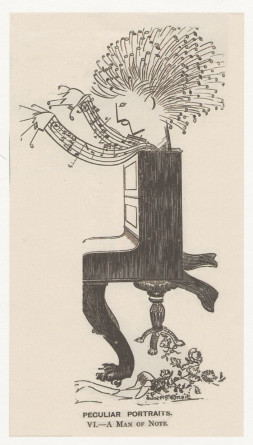 Reproduction de la caricature de Paderewski en «man of notes» [homme fait de notes] réalisée par l'artiste écossais Alick P. F. Ritchie dans la collection «Peculiar Portraits» [portraits particuliers]