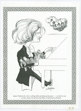 Reproduction d'une caricature «politique» de Giovanni Viafora, dessinateur et producteur de disques américain d'origine italienne, président de la Columbia à New York, représentant Paderewski au piano avec des poupées dans les bras
