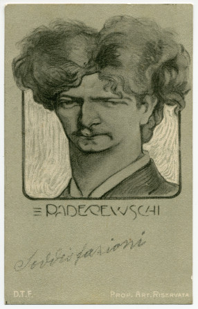 Carte postale de Paderewski – dessin (non signé) au crayon, avec le titre (italien) «Paderewschi» – édition D.T.F. / Prop. Art. Riservata – adressée d'Italie au Sig. Ugo Ara, Tour de Gourze (Grandvaux), le 10 septembre 1903