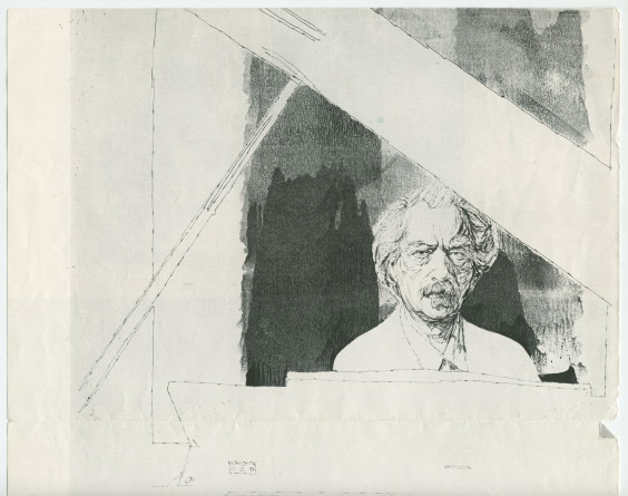 Reproduction d'un dessin (type bande dessinée) de Paderewski au piano, d'auteur non identifié, publié dans une revue (non identifiée également)