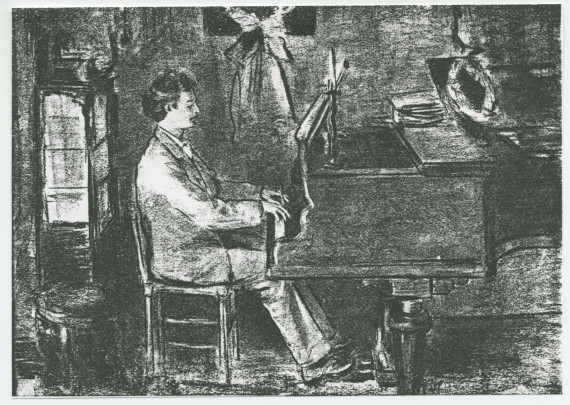 Reproduction de la peinture de Paderewski au piano «chez lui» par Emile Fuchs