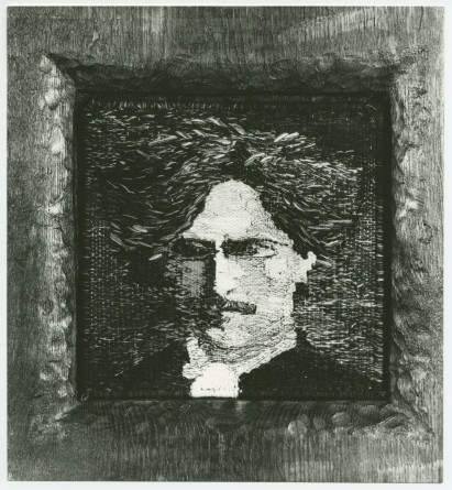 Reproduction noir-blanc d'un portrait de Paderewski en gobelin réalisé par Maria Slomkowska