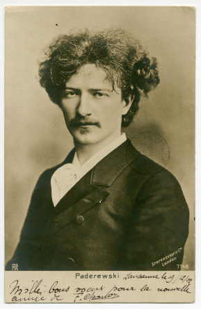 Carte postale du «jeune lion» Paderewski – «mille bons vœux pour la nouvelle année» adressés par F. Chanoy (?), Lausanne, à Alfred Pochon, New York, le 19 décembre 1902