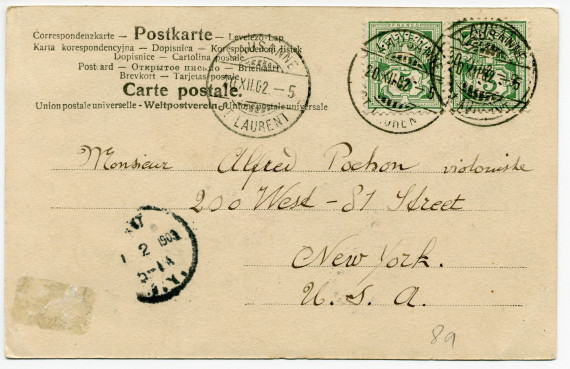 Carte postale du «jeune lion» Paderewski – «mille bons vœux pour la nouvelle année» adressés par F. Chanoy (?), Lausanne, à Alfred Pochon, New York, le 19 décembre 1902