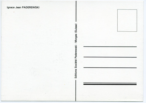 Carte postale de Paderewski – photographie en manteau de fourrure avec chapeau haut-de-forme à la main, prise à Varsovie en 1908 – éditée par la Société Paderewski de Morges