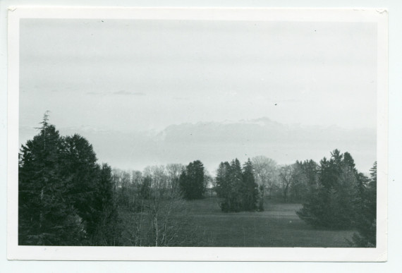 Photographie de la vue depuis la terrasse de la villa de Riond-Bosson, avec lac Léman et montagnes savoyardes, vers 1932-1933