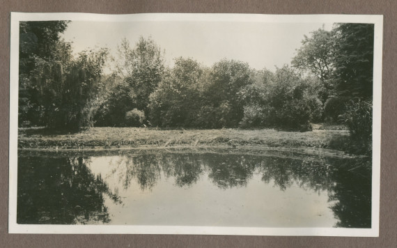 Photographie d'un étang dans le jardin de la propriété de Riond-Bosson en 1935