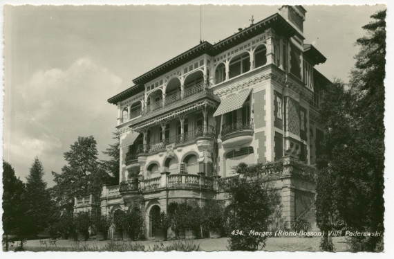 Carte postale avec légende représentant l'angle est de la «villa Paderewski» de Riond-Bosson – éditée par O. Sartori à Genève