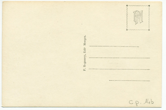 Carte postale représentant l'«établissement d'aviculture de Mme Paderewska», situé au sud de la villa de Riond-Bosson (à gauche en haut), avec son pigeonnier (au centre) – éditée par F. Regamey à Morges (b) et H. Degallier Fils (c)