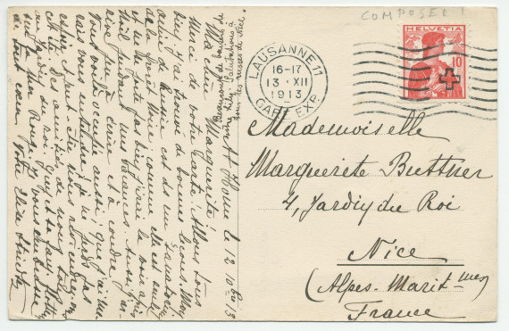 Carte postale avec légende représentant la «villa de M. Paderewski» de Riond-Bosson depuis le sud-est (de face) – éditée par E. Staub – avec message au verso (sans rapport avec Paderewski) expédié le 13 décembre 1913 de la gare de Lausanne