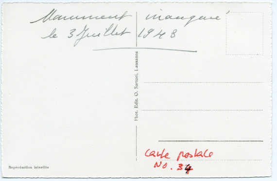 Carte postale de la statue de Paderewski sise dans le Parc de Seigneux à Morges, réalisée par Milo Martin et inaugurée le 3 juillet 1948 – photographie noir-blanc de face avec le parc – éditée par O. Sartori à Lausanne
