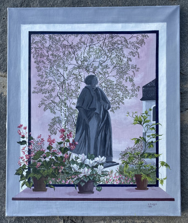 Peinture originale sur toile et cadre en bois de Jacqueline Bourgoz, réalisée en 1985 et représentant la statue de Paderewski commandée à Milo Martin par la ville de Morges