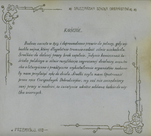 Album de présentation de l'Oratoire (école) salésien pour organistes de Przemysl, réalisé à l'occasion de l'année scolaire 1922-1923 – page 19: texte sur les travaux de l'église