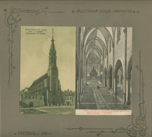 Album de présentation de l'Oratoire (école) salésien pour organistes de Przemysl, réalisé à l'occasion de l'année scolaire 1922-1923 – page 21: deux cartes postales du projet d'Eglise Saint-Joseph pour l'Oratoire salésien (extérieur et intérieur)