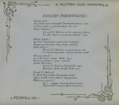 Album de présentation de l'Oratoire (école) salésien pour organistes de Przemysl, réalisé à l'occasion de l'année scolaire 1922-1923 – page 4: poème à Paderewski