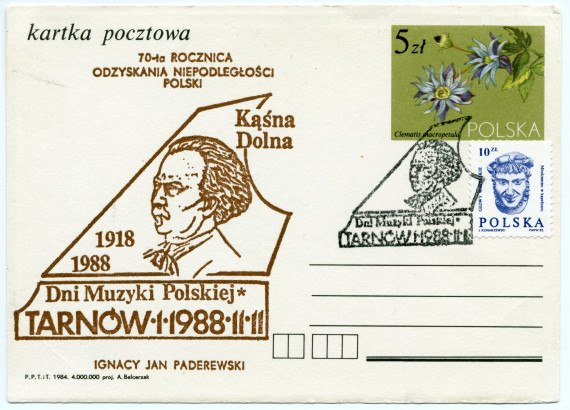 Carte postale émise par la Poste polonaise le 11 novembre 1988 à l'occasion des Journées de musique polonaise de Tarnów, mises sur pied à Kasna Dolna en marge des festivités du 70e anniversaire du recouvrement de son indépendance par la Pologne