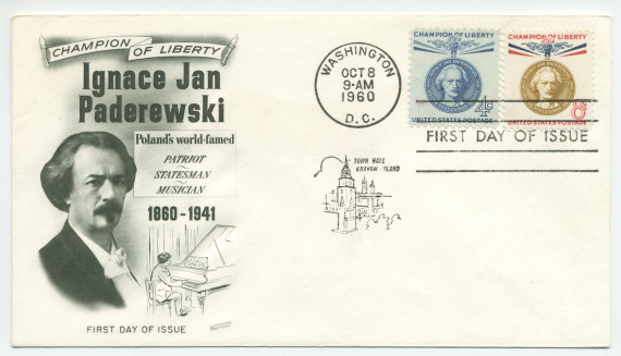 Enveloppe d'émission de l'United States Postal émise le 9 octobre 1960 à Washington avec timbres de 4c et de 8c et cette légende: «Champion of liberty, Ignace Jan Paderewski, Poland's world-famed patriot, statesman, musician, 1860-1941, first day of issue»