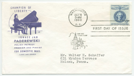 Enveloppe d'émission de l'United States Postal émise le 9 octobre 1960 à Washington avec timbre de 4c et cette légende: «Champion of liberty, Ignace Jan Paderewski, polish patriot, premier and pianist, for domestic mail, first day cover»