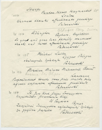 Brouillons de télégrammes adressés par Paderewski, entre août et novembre 1935 (6-10)