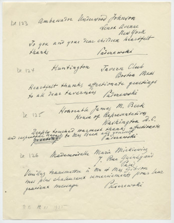 Brouillons de télégrammes adressés par Paderewski, entre août et novembre 1935 (11-15)