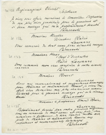 Brouillons de télégrammes adressés par Paderewski, entre août et novembre 1935 (21-24)