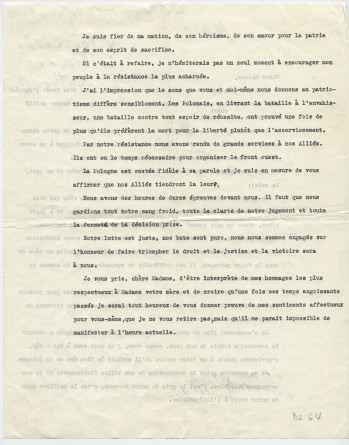 Lettre (en 3 versions dactylographiées) adressée par Paderewski à Simone Giron-de Pourtalès, «La Terrasse» à Genthod (Genève), de Riond-Bosson le 15 octobre 1939 (pages 1-5)