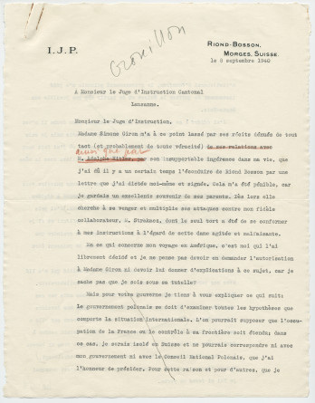 Lettre (avec brouillon) adressée par Paderewski au Juge d'instruction cantonal, à Lausanne, à propos de «l'affaire Simone Giron», de Riond-Bosson le 8 septembre 1940 (pages 1-4)