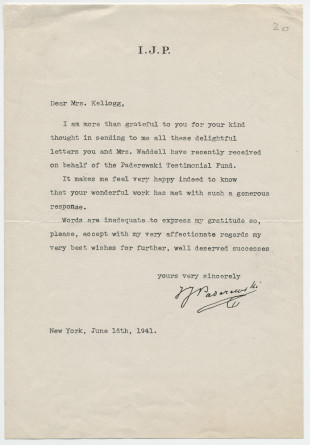 Copie de la lettre adressée par Paderewski à Mrs. [Vernon] Kellogg, vice-présidente du Paderewski Testimonial Fund à New York, le 16 juin 1941