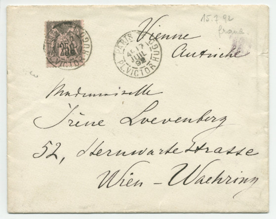 Lettre (avec enveloppe) adressée par Paderewski à Irène Löwenberg, à Vienne, de Paris, 94 avenue Victor-Hugo, le 15 juillet 1892